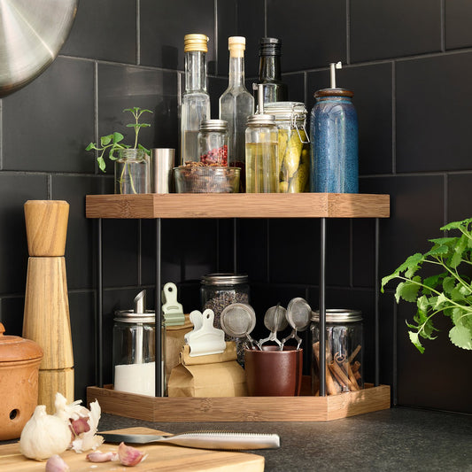 NÅLBLECKA corner shelf, metal/bamboo for kitchen countertop, 28x28x28 cm