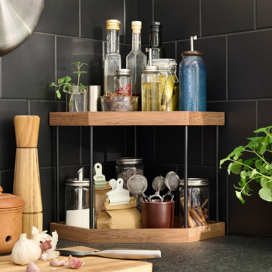 NÅLBLECKA corner shelf, metal/bamboo for kitchen countertop, 28x28x28 cm