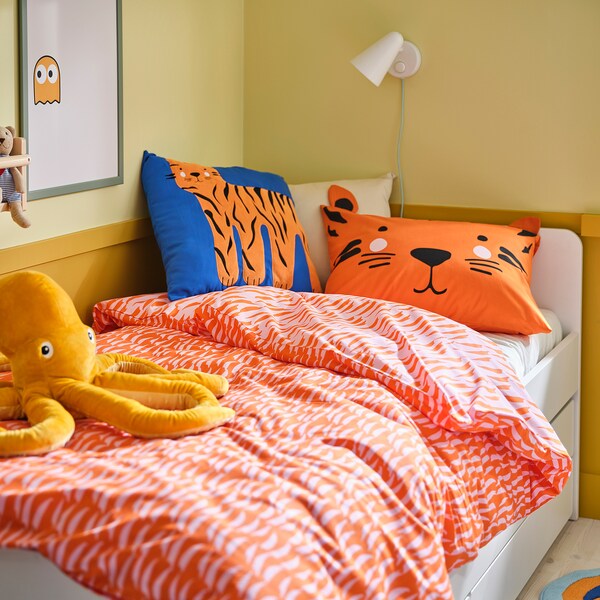 NATTHÄGER duvet cover and pillowcase, orange/tiger, 150x200/50x80 cm