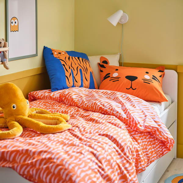 NATTHÄGER duvet cover and pillowcase, orange/tiger, 150x200/50x80 cm