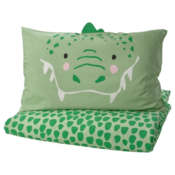 NATTHÄGER duvet cover and pillowcase, green/crocodile, 150x200/50x80 cm