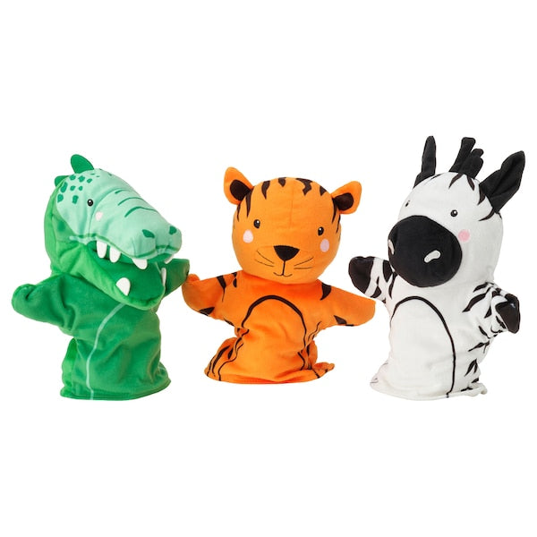 NATTHÄGER 3-piece hand puppet set, crocodile zebra/tiger multicolour