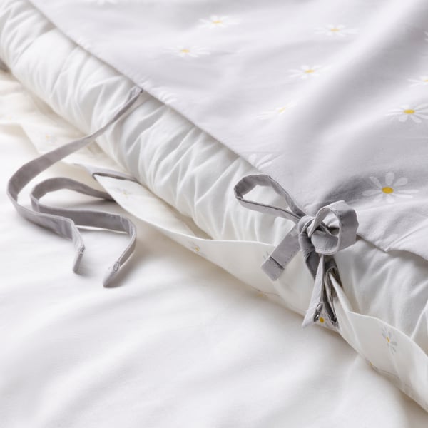 NATTSLÄNDA duvet cover and pillowcase, floral pattern grey/white, 150x200/50x80 cm