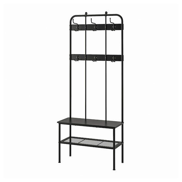 NIPÅSEN coat rack and bench w shoe storage, black, 190x35x79 cm