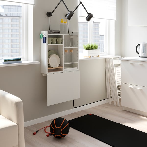 NORBERG wall-mount drop-leaf tbl w storage, white, 64x60 cm