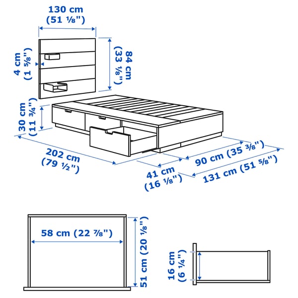 NORDLI bed frame w storage and headboard, white, 90x200 cm