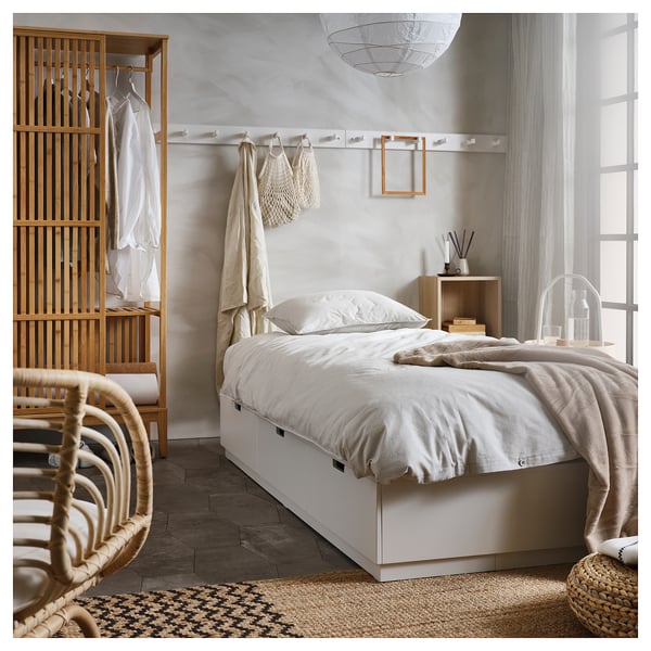NORDLI bed frame with storage and mattress, white/Vågstranda firm, 90x200 cm
