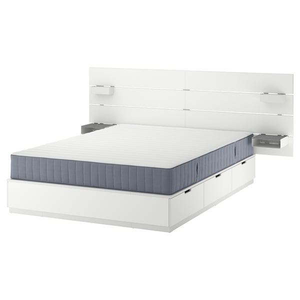 NORDLI bed frame with storage and mattress, with headboard white/Valevåg firm, 140x200 cm