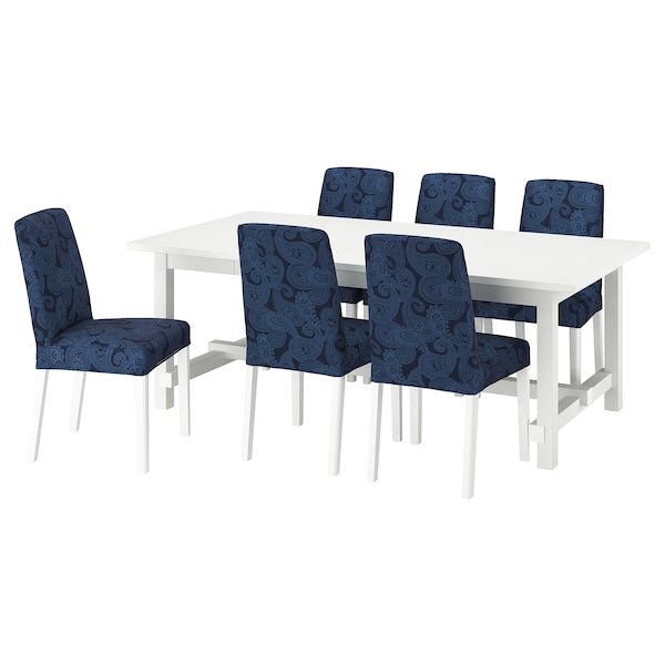 NORDVIKEN / BERGMUND - Table and 6 chairs, white/Kvillsfors dark blue/white,210/289 cm