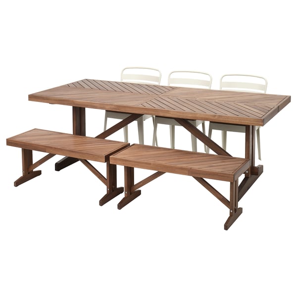 NORRMANSÖ / NORRMANSÖ table+3 chairs+2 benches, outdoor acacia/beige acacia, 220x100 cm