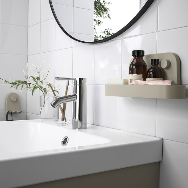 ÖBONÄS wall shelf with suction cup, grey-beige, 28 cm