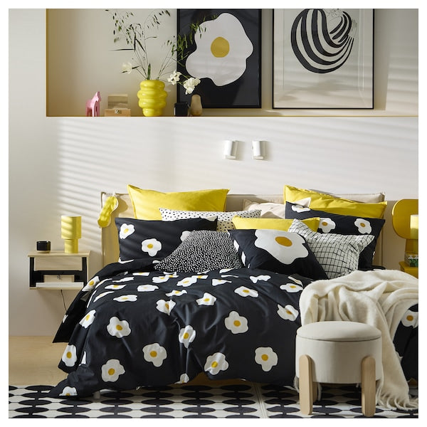 ÖGONLOCKSMAL duvet cover and 2 pillowcases, black/white/yellow