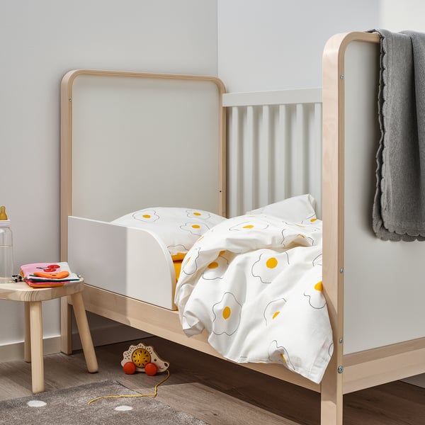ÖGONLOCKSMAL 3-piece bedlinen set for cot, flower white/yellow, 60x120 cm