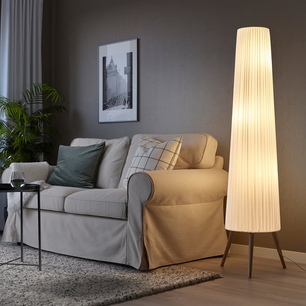 ÖKENSAND floor lamp, beech/white, 35 cm
