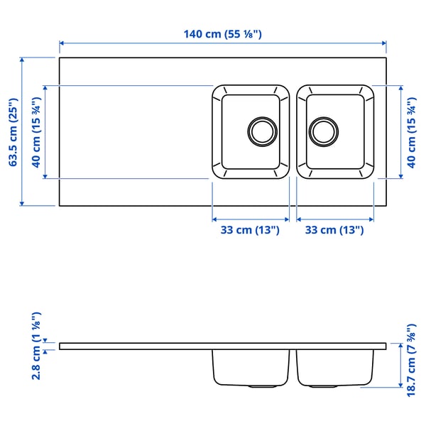 OLOFSJÖN worktop with 2 integrated sinks, stainless steel, 140x33 cm
