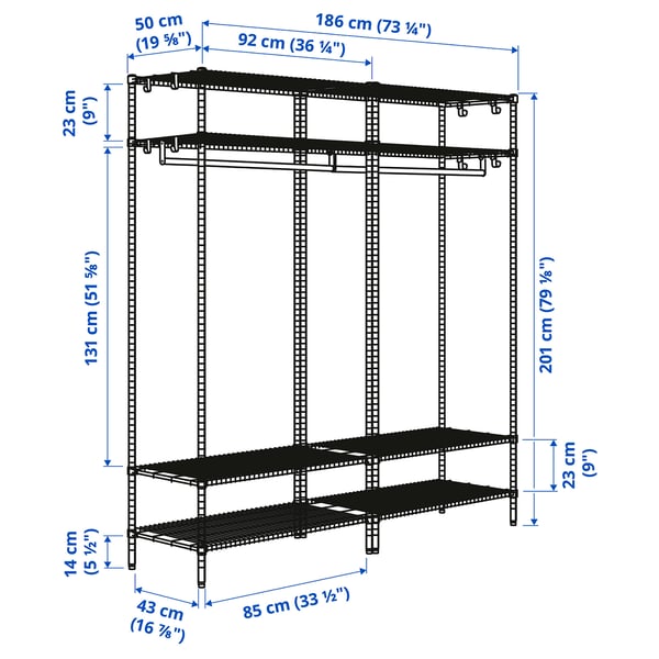 OMAR shelving unit with clothes rail, galvanised, 186x50x201 cm