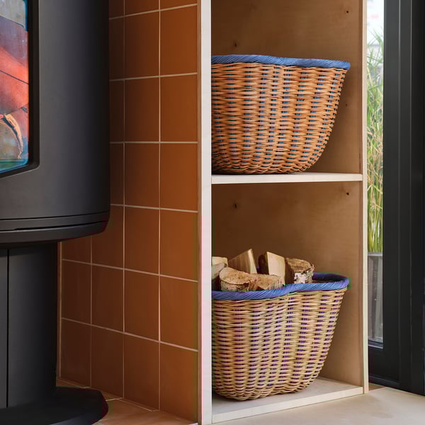 OMMJÄNGE basket, beige/blue, 40x40x26 cm