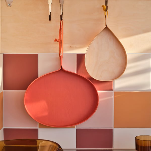 OMMJÄNGE tray, set of 2, orange/birch veneer