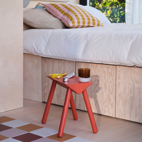 OMMJÄNGE stool, orange-red/stained, 38x35x19 cm