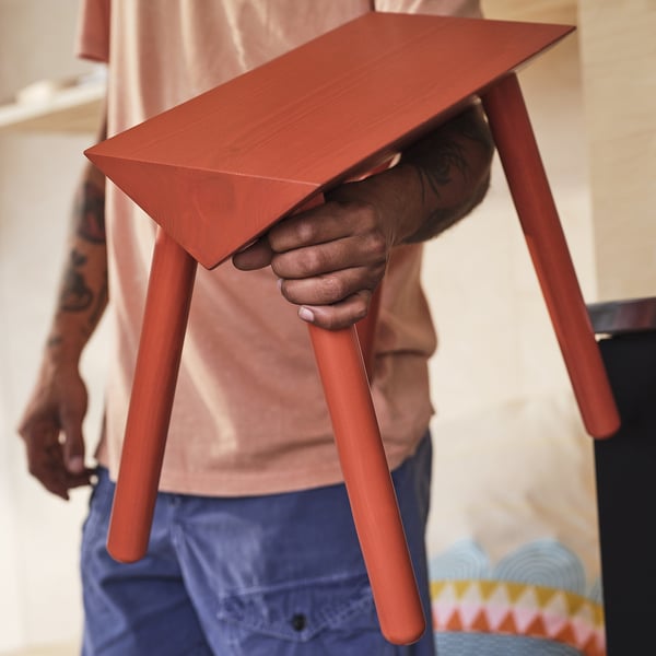 OMMJÄNGE stool, orange-red/stained, 38x35x19 cm