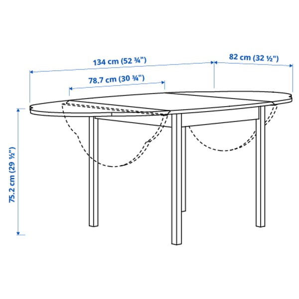 OMMJÄNGE drop-leaf table, pino/trattato con mordente blu, 134x82 cm