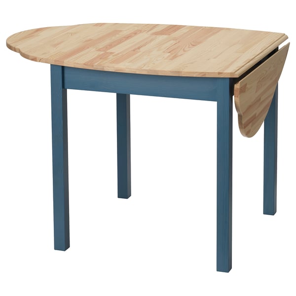 OMMJÄNGE drop-leaf table, pine/stained blue, 134x82 cm