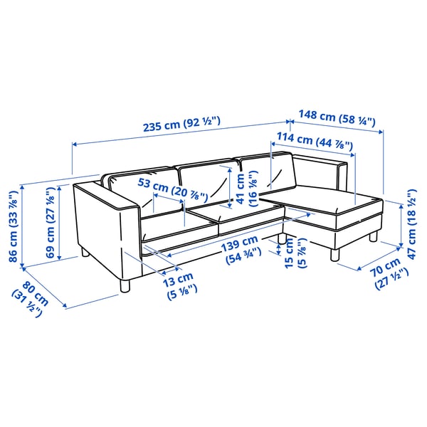 PÄRUP 3-seat sofa with chaise longue, Kelinge grey-turquoise, 70x15x148 cm