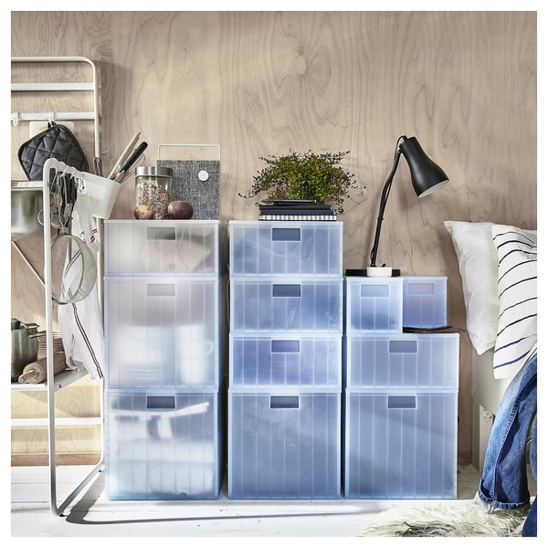 PANSARTAX storage box with lid, transparent grey-blue, 33x16.5x33 cm