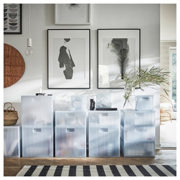 PANSARTAX storage box with lid, transparent grey-blue, 33x16.5x33 cm