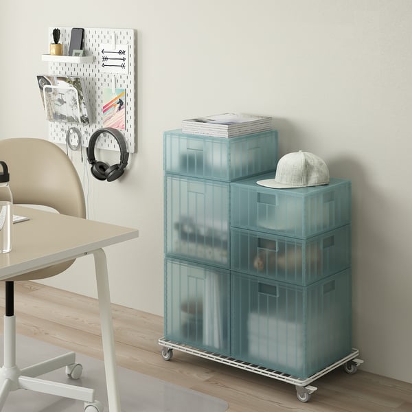 PANSARTAX storage box with lid, transparent grey-blue, 33x16.5x33 cm
