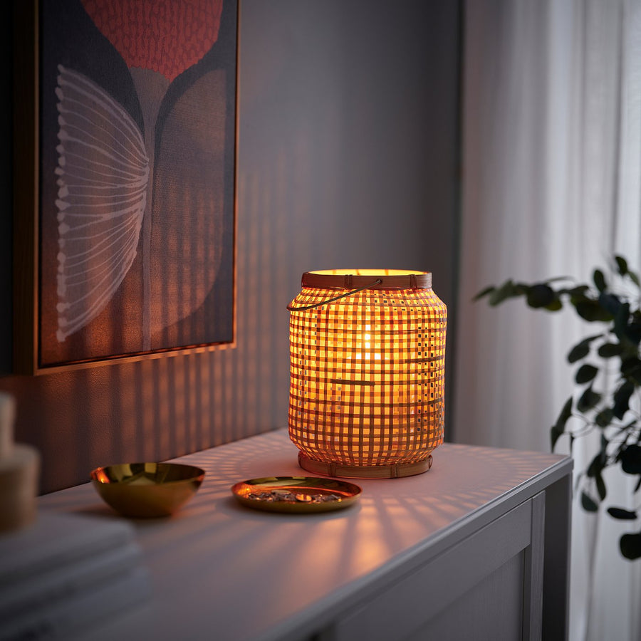 PÅVEFINK lantern for pillar candle, bamboo, 21 cm