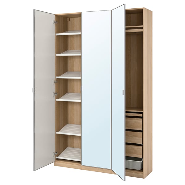 PAX / ÅHEIM wardrobe combination, white stained oak effect/mirror glass, 150x38x236 cm