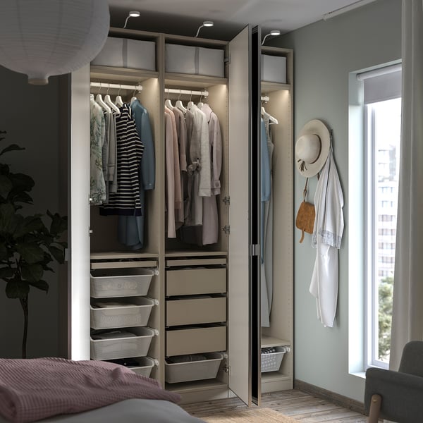 PAX / ÅHEIM wardrobe combination, grey-beige/mirror glass, 150x60x236 cm