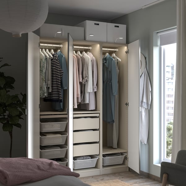 PAX / ÅHEIM wardrobe combination, grey-beige/mirror glass, 150x60x201 cm
