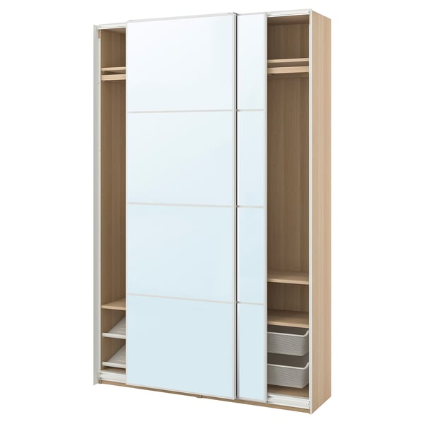 PAX / AULI wardrobe with sliding doors, white stained oak effect/mirror glass, 150x43x236 cm