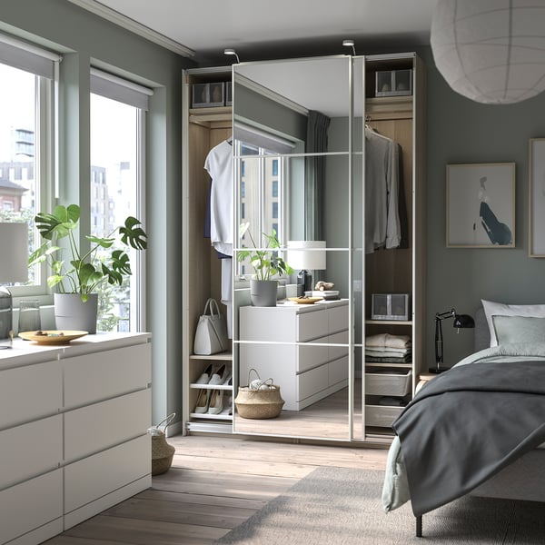 PAX / AULI wardrobe with sliding doors, white stained oak effect/mirror glass, 150x43x236 cm