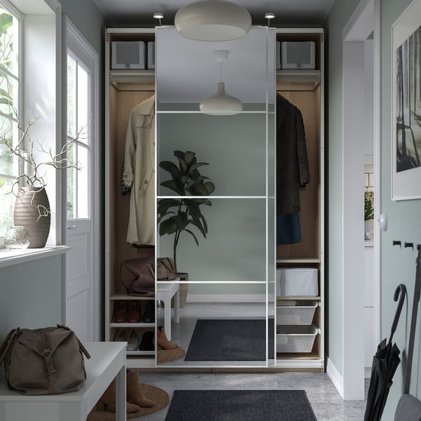 PAX / AULI wardrobe with sliding doors, white stained oak effect/mirror glass, 150x43x236 cm