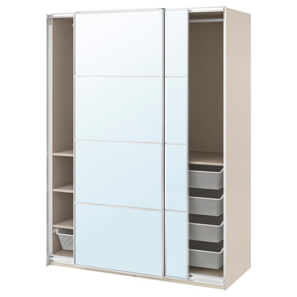 PAX / AULI wardrobe with sliding doors, grey-beige/mirror glass, 150x66x201 cm