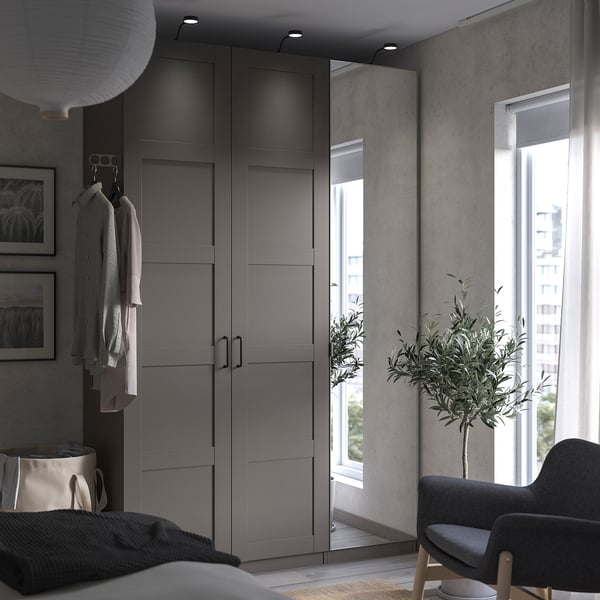 PAX / BERGSBO/ÅHEIM wardrobe combination, dark grey dark grey/mirror glass, 150x60x236 cm