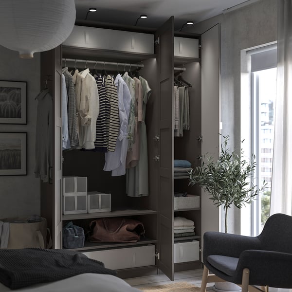 PAX / BERGSBO/ÅHEIM wardrobe combination, dark grey dark grey/mirror glass, 150x60x236 cm