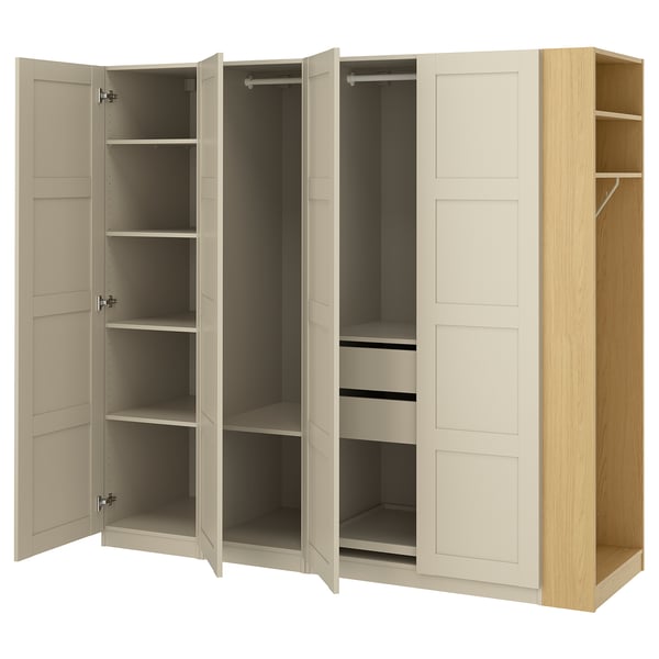 PAX / BERGSBO wardrobe combination, grey-beige grey-beige/oak effect, 220x60x201 cm