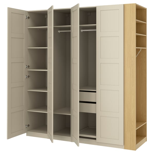 PAX / BERGSBO wardrobe combination, grey-beige grey-beige/oak effect, 220x60x236 cm