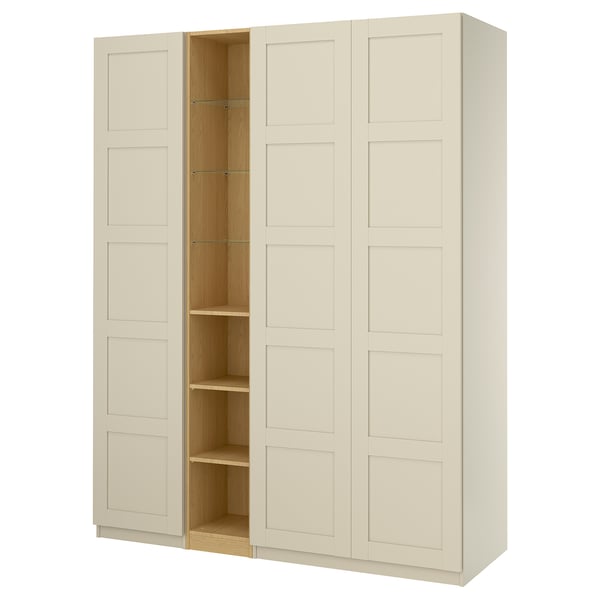 PAX / BERGSBO wardrobe combination, grey-beige grey-beige/oak effect, 185x60x236 cm