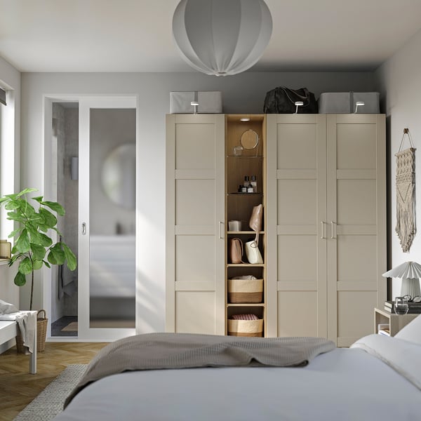 PAX / BERGSBO wardrobe combination, grey-beige grey-beige/oak effect, 185.0x201.2x60.0 cm