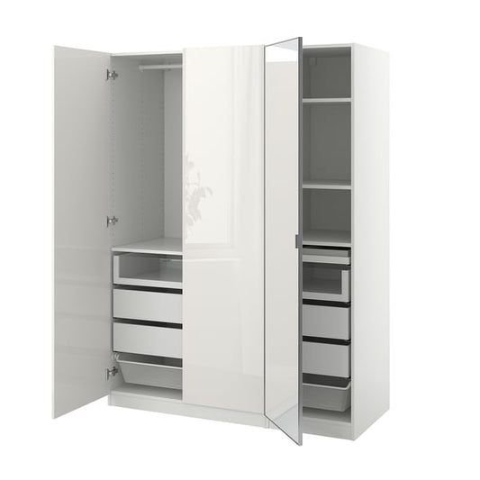 PAX / FARDAL/ÅHEIM wardrobe combination, white/high-gloss/white mirror glass, 150x60x201 cm