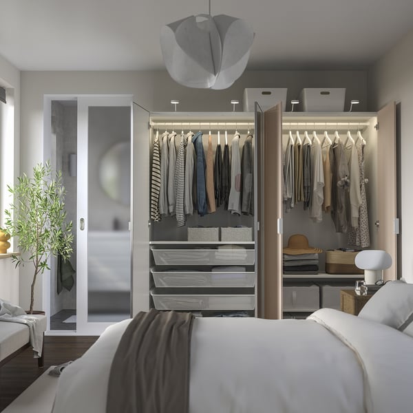 PAX / FARDAL/ÅHEIM wardrobe combination, white high-gloss/light orange mirror glass, 200x60x201 cm