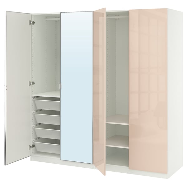 PAX / FARDAL/ÅHEIM wardrobe combination, white high-gloss/light orange mirror glass, 200x60x201 cm