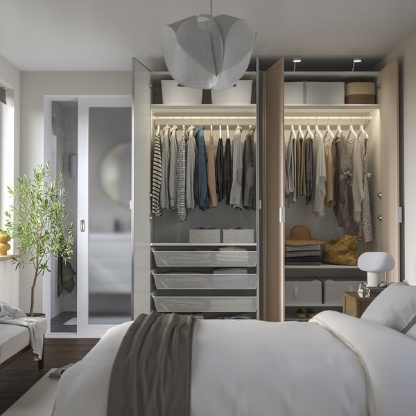 PAX / FARDAL/ÅHEIM wardrobe combination, white high-gloss/light orange mirror glass, 200x60x236 cm