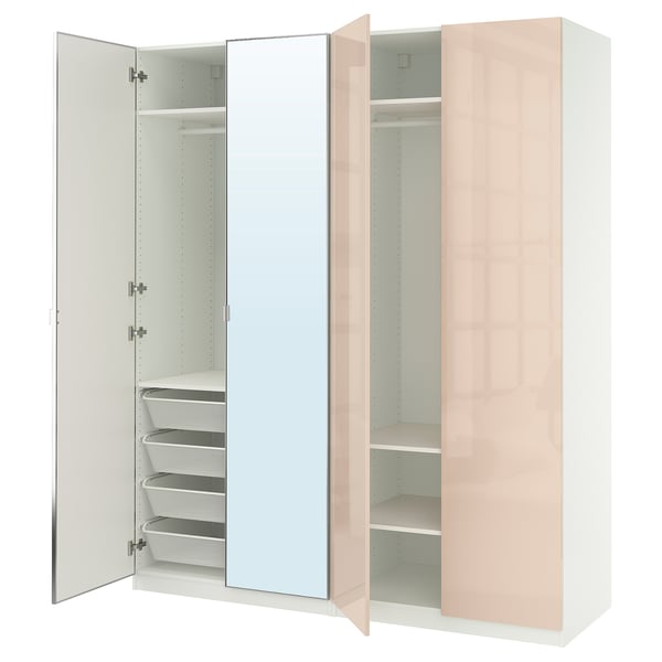 PAX / FARDAL/ÅHEIM wardrobe combination, white high-gloss/light orange mirror glass, 200x60x236 cm