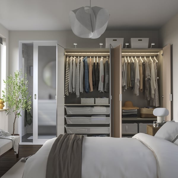 PAX / FARDAL/ÅHEIM wardrobe combination, grey-beige high-gloss/light orange mirror glass, 200x60x201 cm